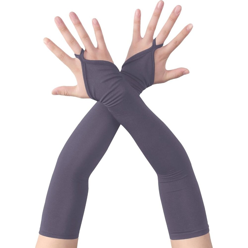 Women's Finger Loop Gray Elegant Stretchy Spandex Elbow Length Satin Gloves